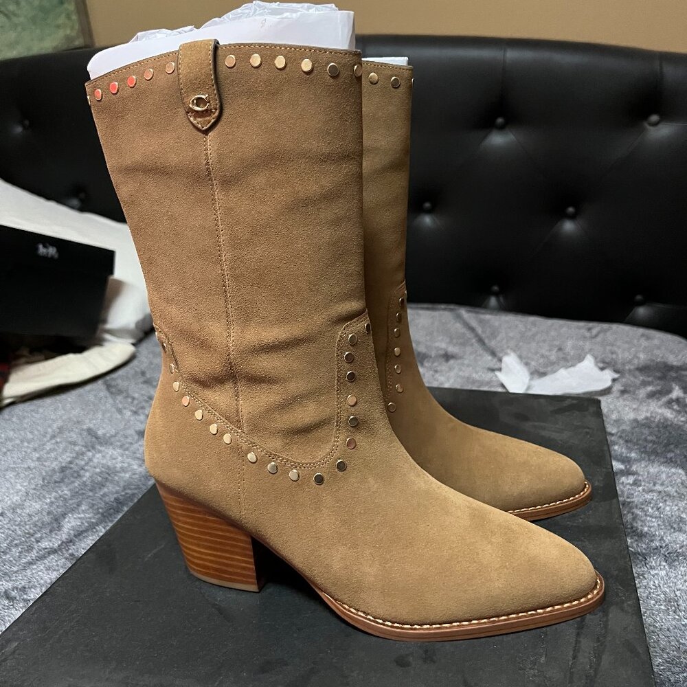 Coach Phoebe Suede Studded Pointed Toe Ankle Boots in tan